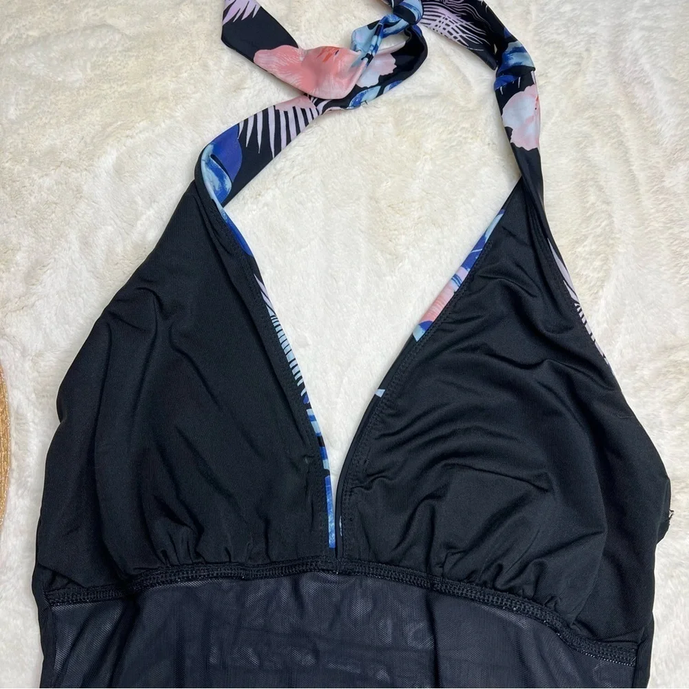 DKNY Halter Shirred One Piece Swimsuit With Tropical Floral Print - Picture 6 of 8